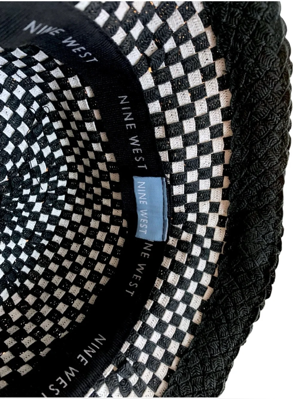 Nine West Black & White Checkerboard Woven Bucket Hat Bow Wide Brim